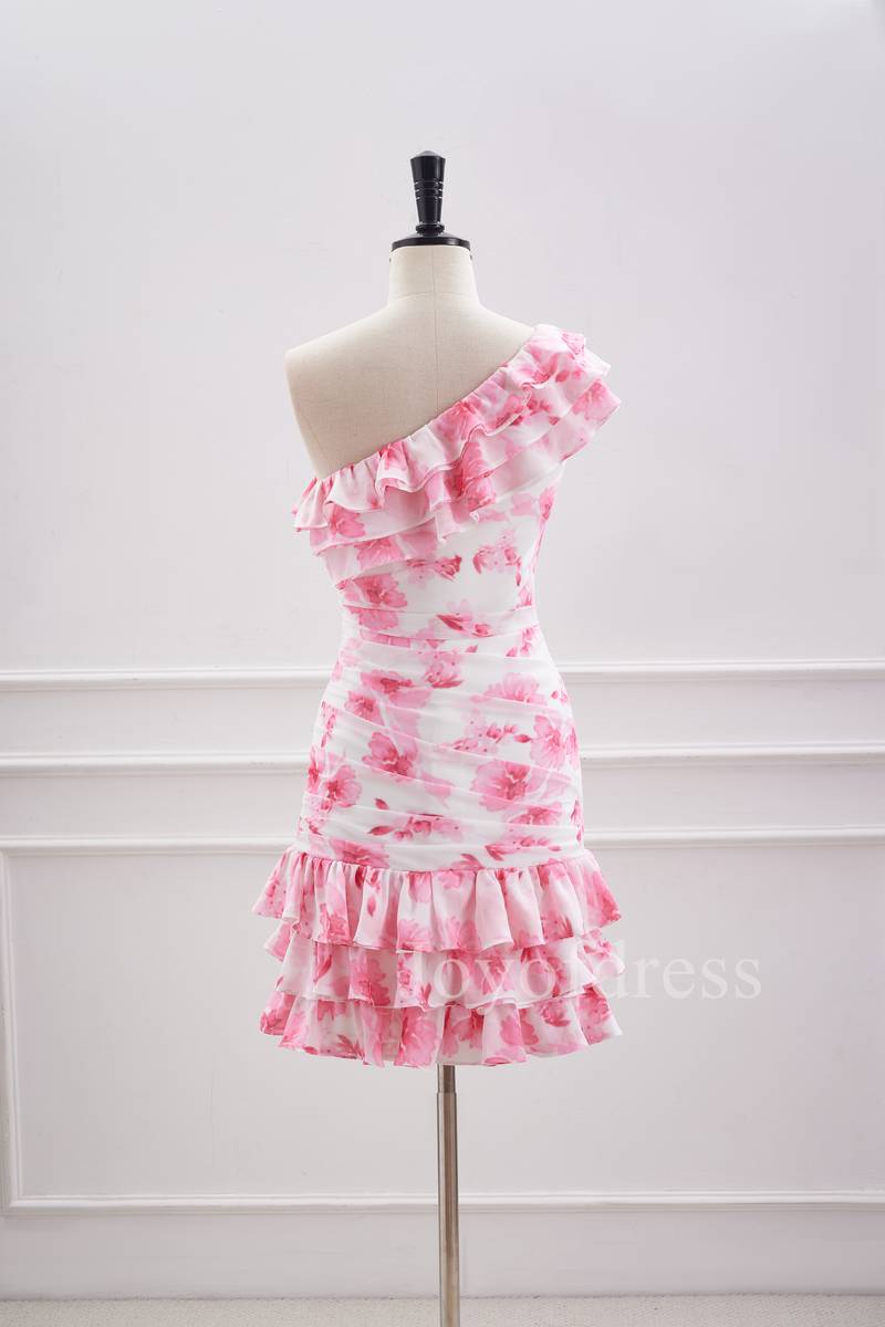 Ruffled One Shoulder Pink Floral Print Short Homecoming Dress