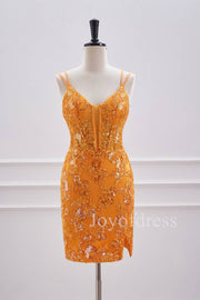 Double Straps Orange Sequin Appliques Short Bodycon Dress