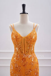 Double Straps Orange Sequin Appliques Short Bodycon Dress