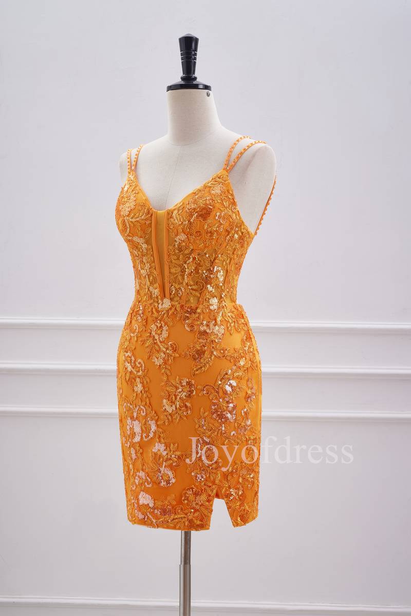 Double Straps Orange Sequin Appliques Short Bodycon Dress