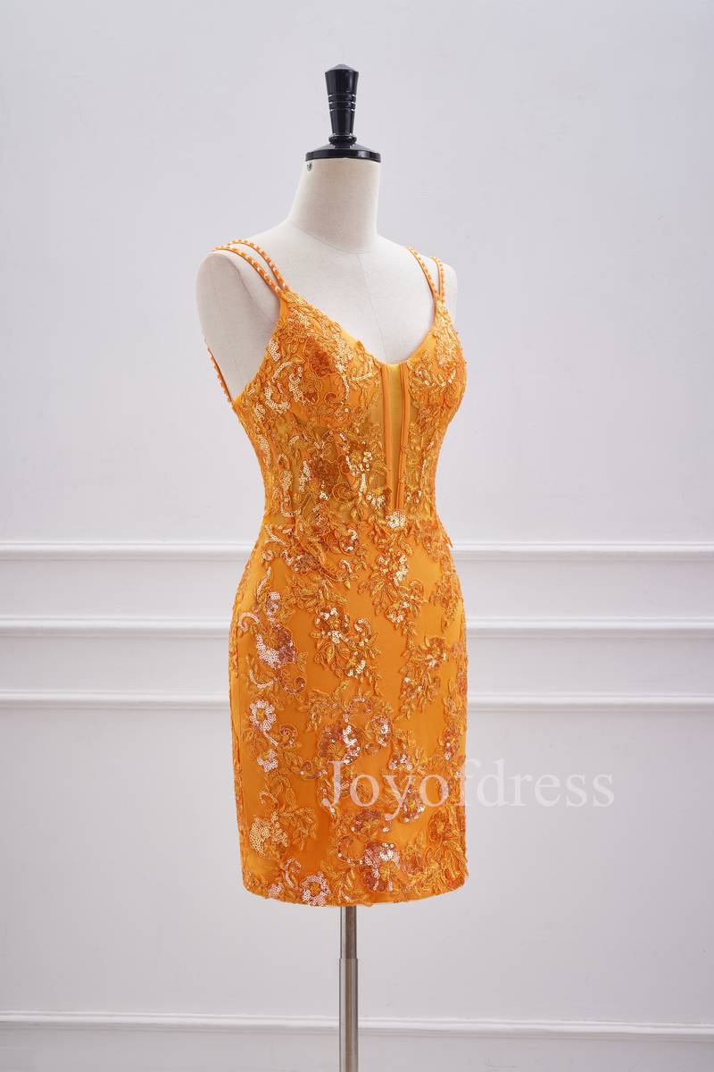 Double Straps Orange Sequin Appliques Short Bodycon Dress