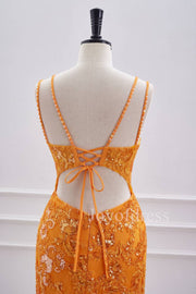 Double Straps Orange Sequin Appliques Short Bodycon Dress