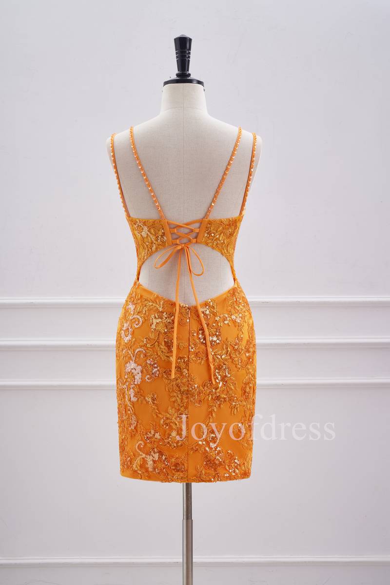 Double Straps Orange Sequin Appliques Short Bodycon Dress