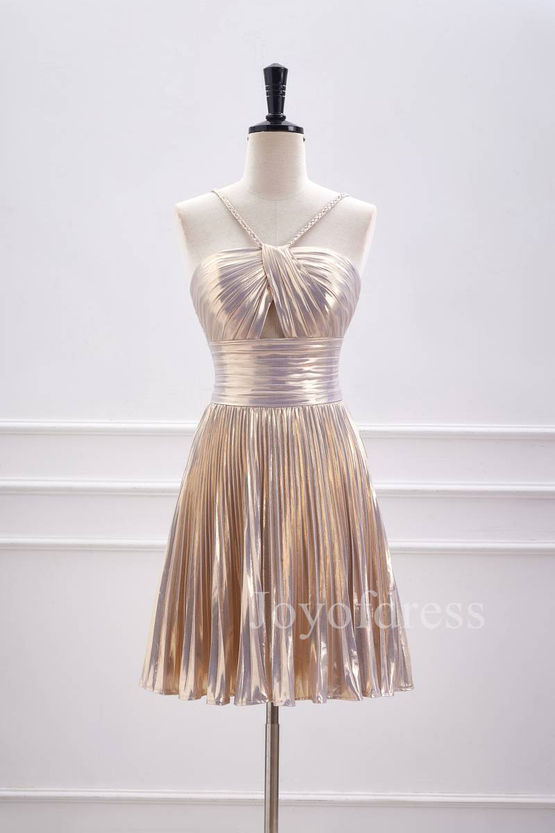 Champagne Metallic Halter Pleated Short Homecoming Dress