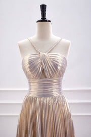 Champagne Metallic Halter Pleated Short Homecoming Dress