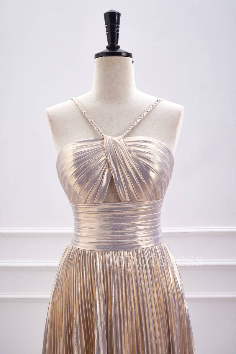 Champagne Metallic Halter Pleated Short Homecoming Dress