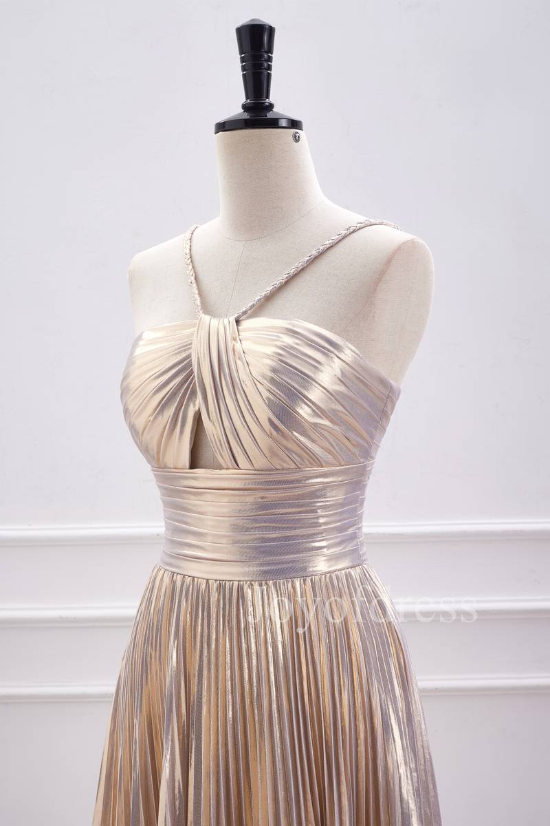 Champagne Metallic Halter Pleated Short Homecoming Dress