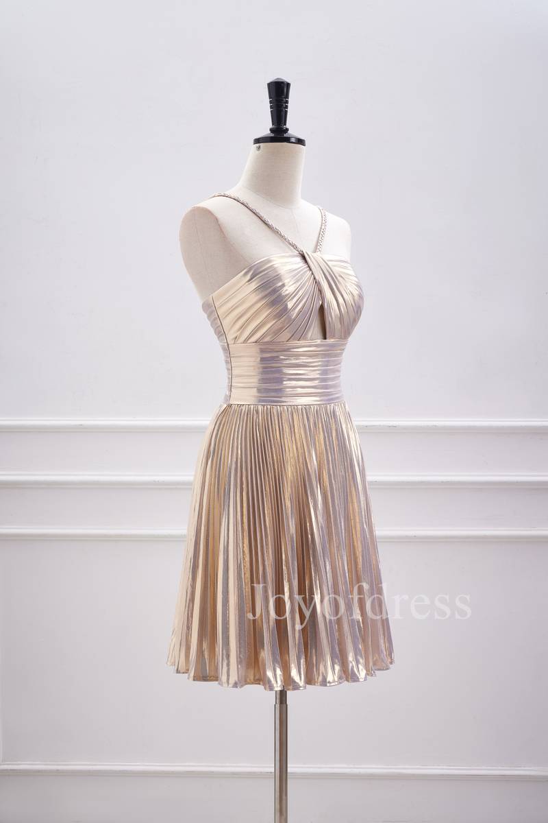 Champagne Metallic Halter Pleated Short Homecoming Dress