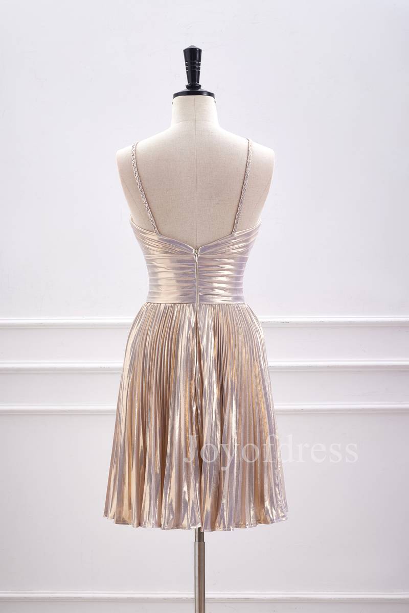 Champagne Metallic Halter Pleated Short Homecoming Dress