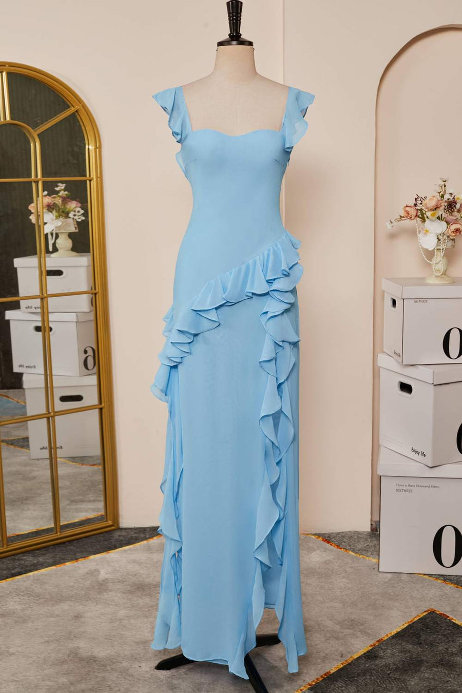 Light Blue Flutter Sleeves Ruffled Mermaid Long Bridesmaid Dress with Slit Light Blue / US 4 Light Blue Flutter Sleeves Ruffled Mermaid Long Bridesmaid Dress with Slit Light Blue / US 4