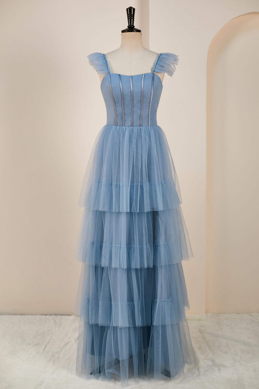 Dusty Blue Flutter Sleeves A-line Multi-Layers Long Bridesmaid Dress with Slit Dusty Blue / US 14 Dusty Blue Flutter Sleeves A-line Multi-Layers Long Bridesmaid Dress with Slit Dusty Blue / US 14