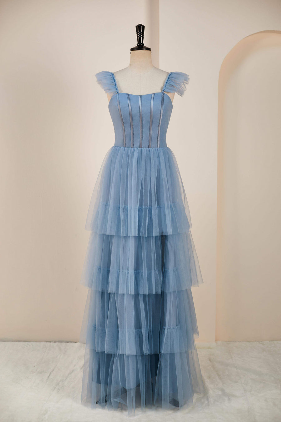 Dusty Blue Flutter Sleeves A-line Multi-Layers Long Bridesmaid Dress with Slit Dusty Blue / US 14 Dusty Blue Flutter Sleeves A-line Multi-Layers Long Bridesmaid Dress with Slit Dusty Blue / US 14