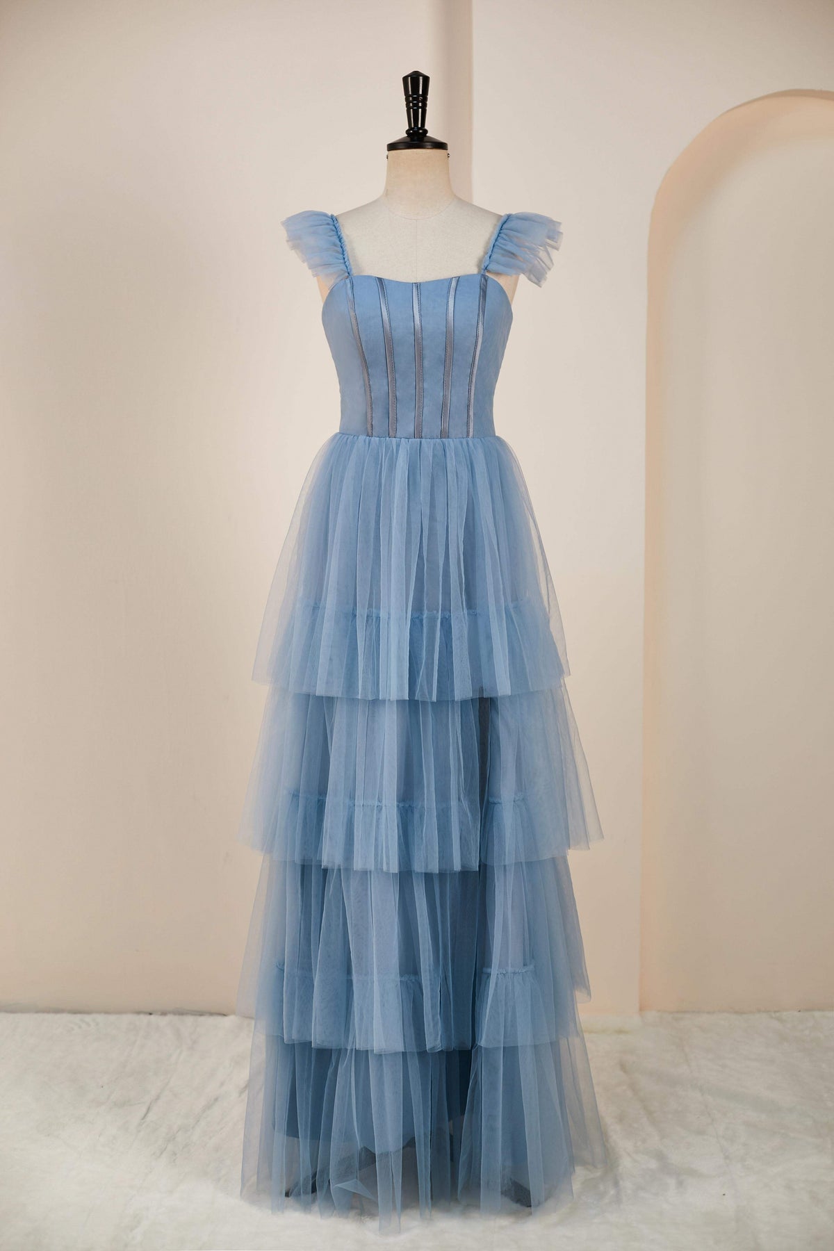 blue ruffle bridesmaid dress Dusty Flutter Sleeves A-line Multi-Layers Long with Slit Dusty Blue / US 14 JLUXLABEL Women's Krishna One cat_clothing Size:Pre-order Size 4 Order fabric swatches today