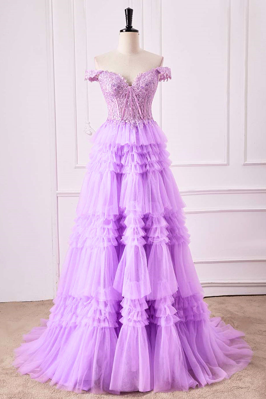 Lavender Off-Shoulder Floral Layers A-line Long Prom Dress Lavender / US 6 Lavender Off-Shoulder Floral Layers A-line Long Prom Dress Lavender / US 6