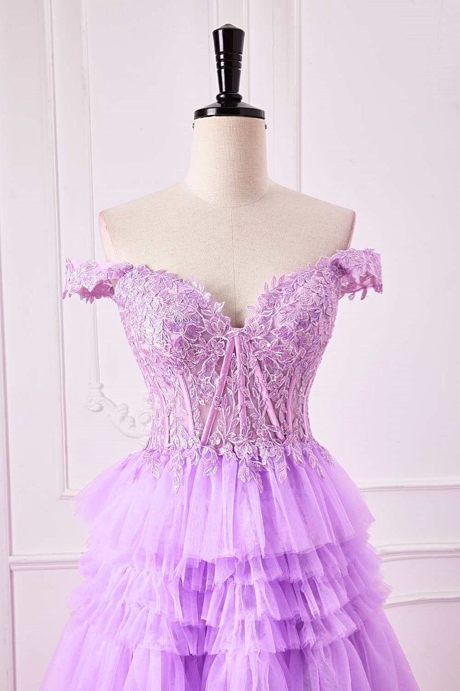 Lavender Off-Shoulder Floral Layers A-line Long Prom Dress | Joyofdress Lavender Off-Shoulder Floral Layers A-line Long Prom Dress | Joyofdress