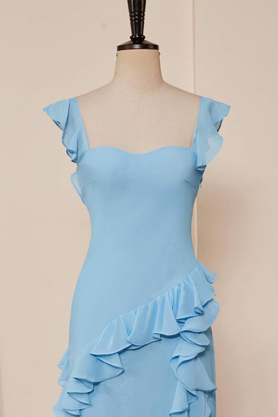 Light Blue Flutter Sleeves Ruffled Mermaid Long Bridesmaid Dress with Slit