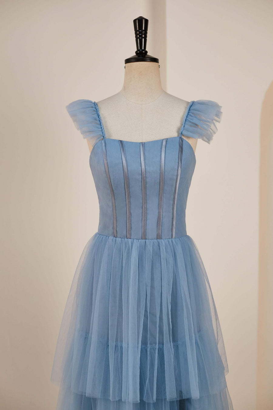 Dusty Blue Flutter Sleeves A-line Multi-Layers Long Bridesmaid Dress w | Joyofdress Dusty Blue Flutter Sleeves A-line Multi-Layers Long Bridesmaid Dress w | Joyofdress