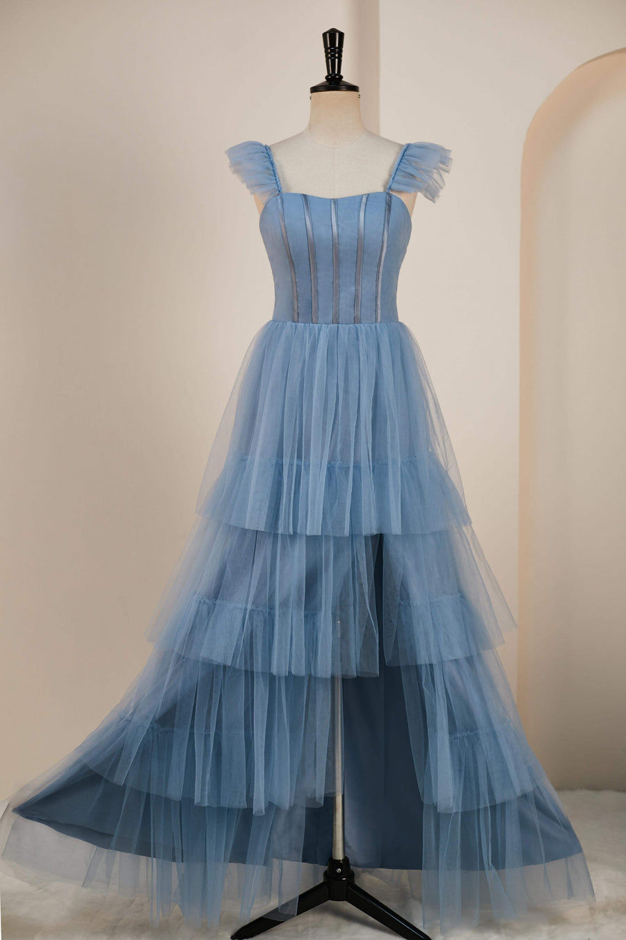 Dusty Blue Flutter Sleeves A-line Multi-Layers Long Bridesmaid Dress with Slit Dusty Blue / US 14 Dusty Blue Flutter Sleeves A-line Multi-Layers Long Bridesmaid Dress with Slit Dusty Blue / US 14