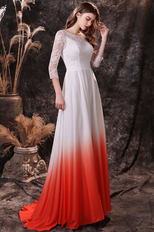 3/4 Sleeves Orange Ombre Chiffon Long Bridesmaid Dress - Joyofdress Left Sided