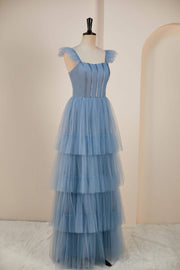 Dusty Blue Flutter Sleeves A-line Multi-Layers Long Bridesmaid Dress with Slit