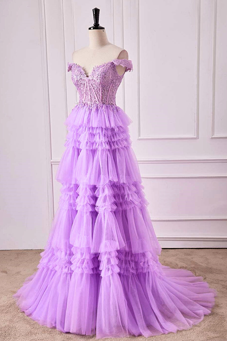Lavender Off-Shoulder Floral Layers A-line Long Prom Dress Lavender / US 6 Lavender Off-Shoulder Floral Layers A-line Long Prom Dress Lavender / US 6