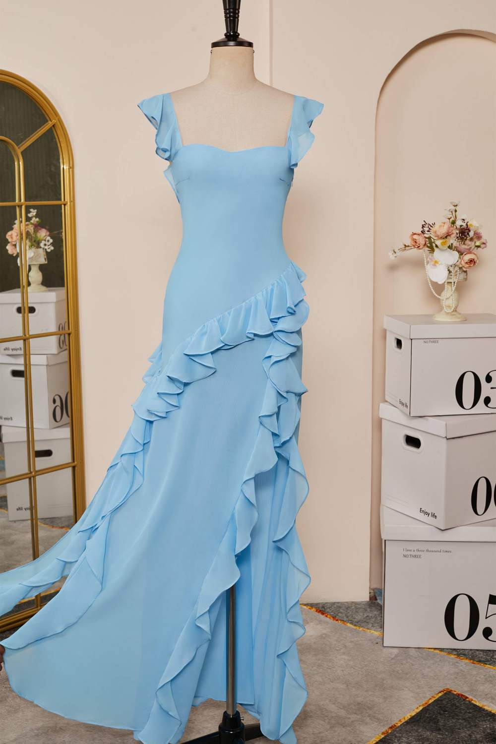 Light Blue Flutter Sleeves Ruffled Mermaid Long Bridesmaid Dress with Slit Light Blue / US 4 Light Blue Flutter Sleeves Ruffled Mermaid Long Bridesmaid Dress with Slit Light Blue / US 4