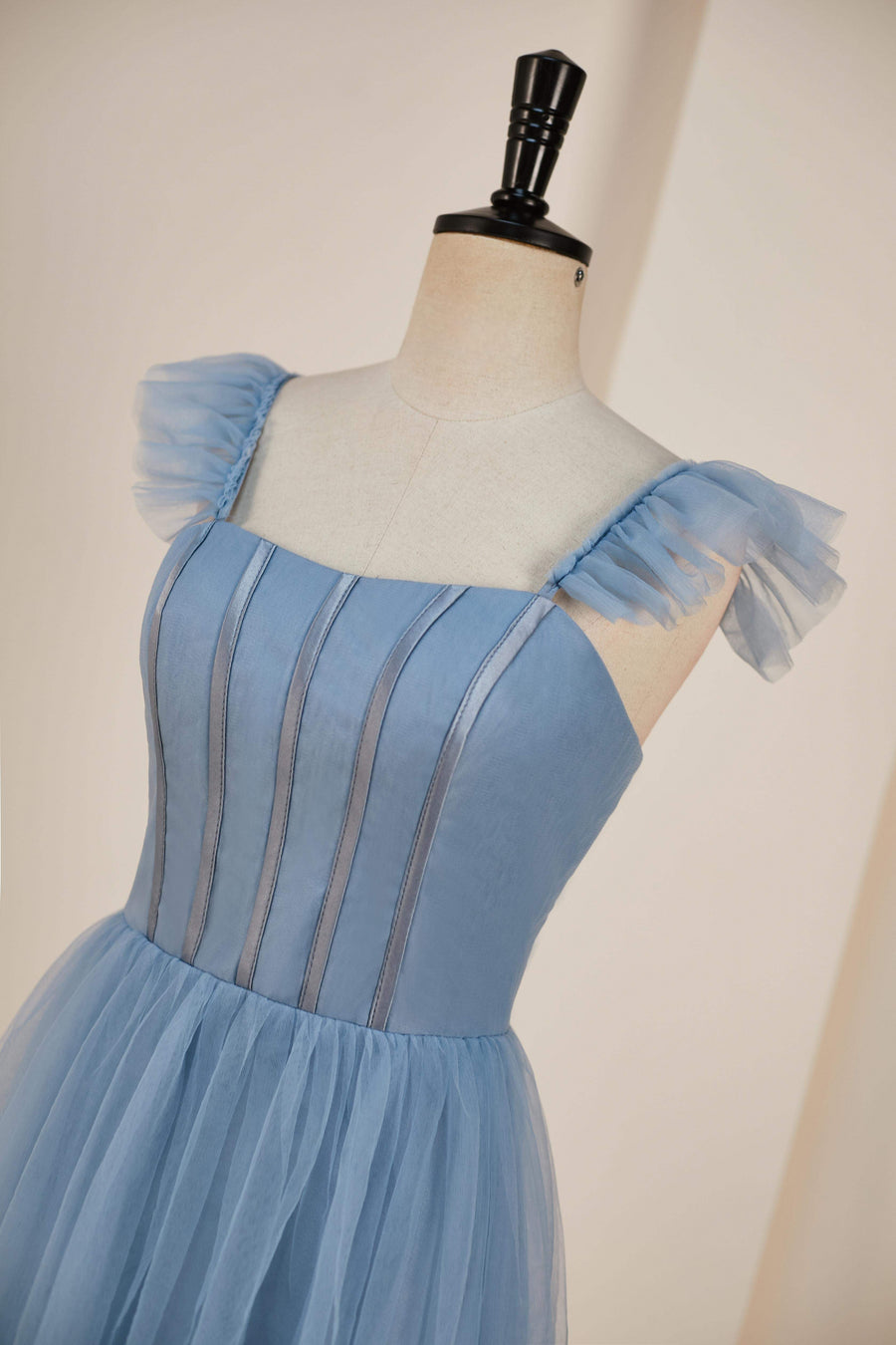 Dusty Blue Flutter Sleeves A-line Multi-Layers Long Bridesmaid Dress with Slit