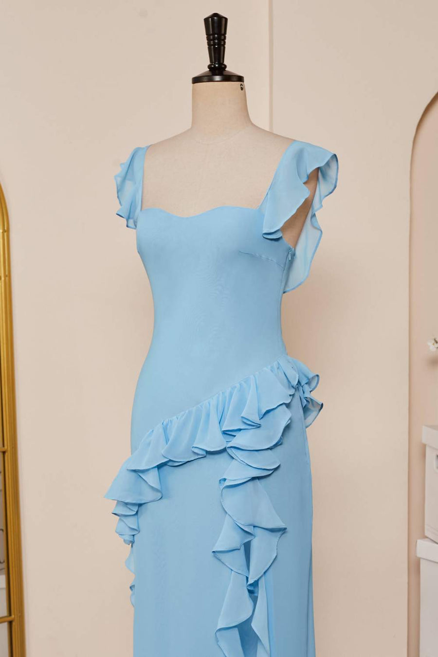 Light Blue Flutter Sleeves Ruffled Mermaid Long Bridesmaid Dress with Slit