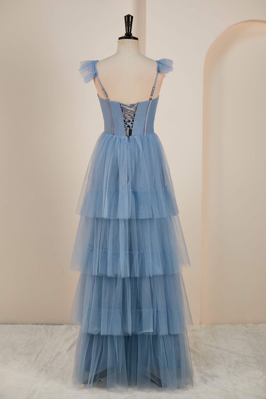 Dusty Blue Flutter Sleeves A-line Multi-Layers Long Bridesmaid Dress with Slit