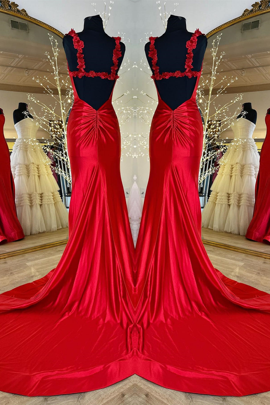 Red Flower Straps Mermaid Satin Long Prom Dress with Slit | Joyofdress Red Flower Straps Mermaid Satin Long Prom Dress with Slit | Joyofdress