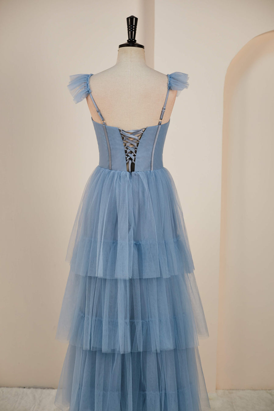 Dusty Blue Flutter Sleeves A-line Multi-Layers Long Bridesmaid Dress with Slit Dusty Blue / US 14