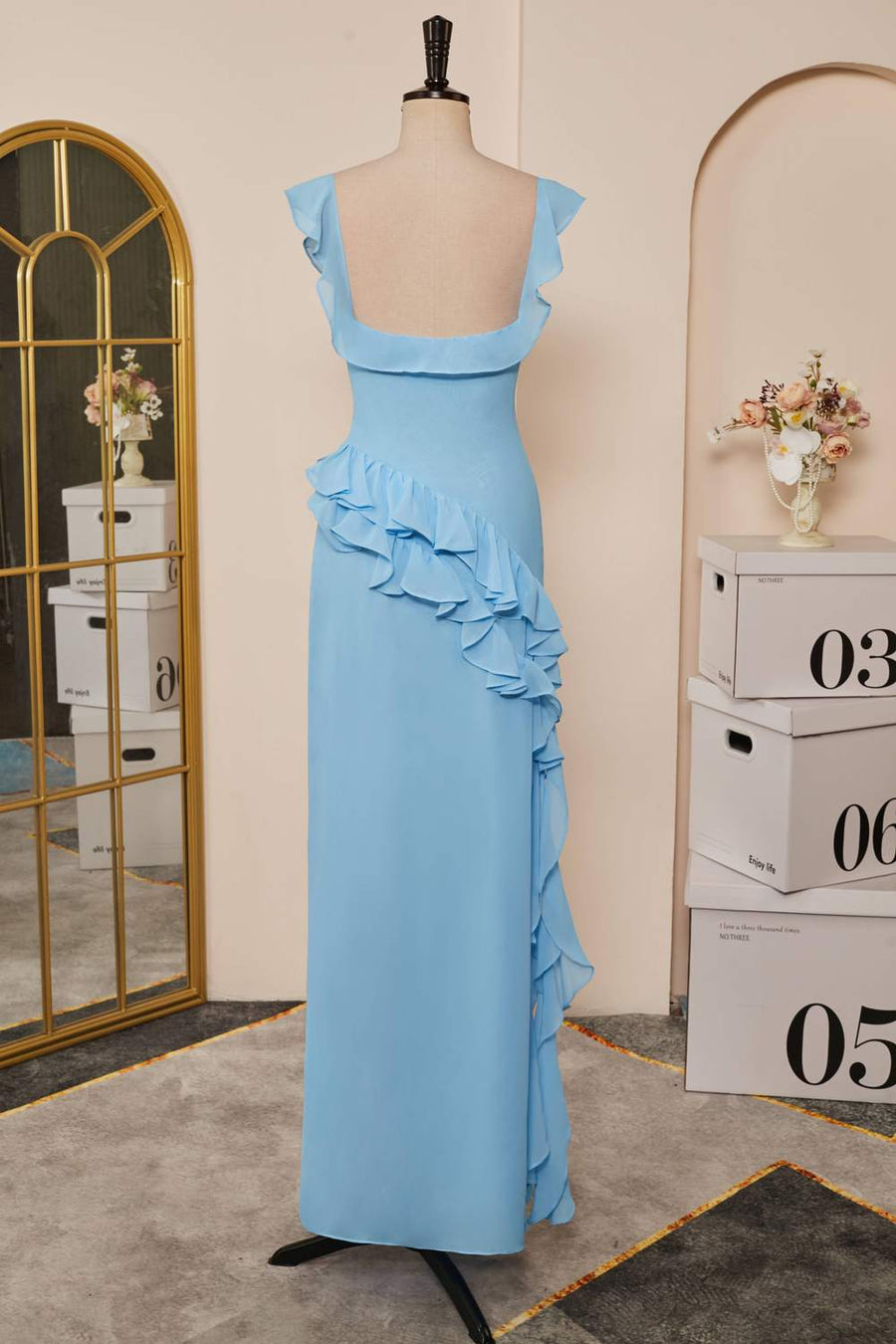 Light Blue Flutter Sleeves Ruffled Mermaid Long Bridesmaid Dress with Slit