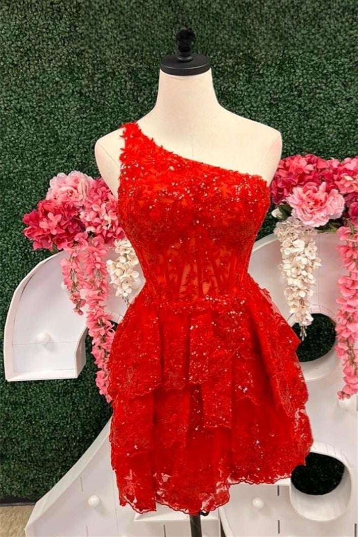 Red One Shoulder A-line Multi-Layers Sequined Appliques Homecoming Dress
