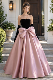 Elegant A-Line Empire Velvet And Satin Prom Party Dress With Bow