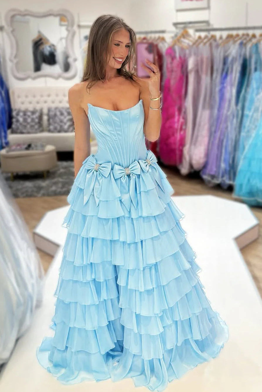 Bateau Strapless Two Tone Chiffon Tiered Party Prom Dress With Bows
