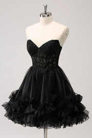 Cute A Line Corset Strapless Ruffled Short Homecoming Dress