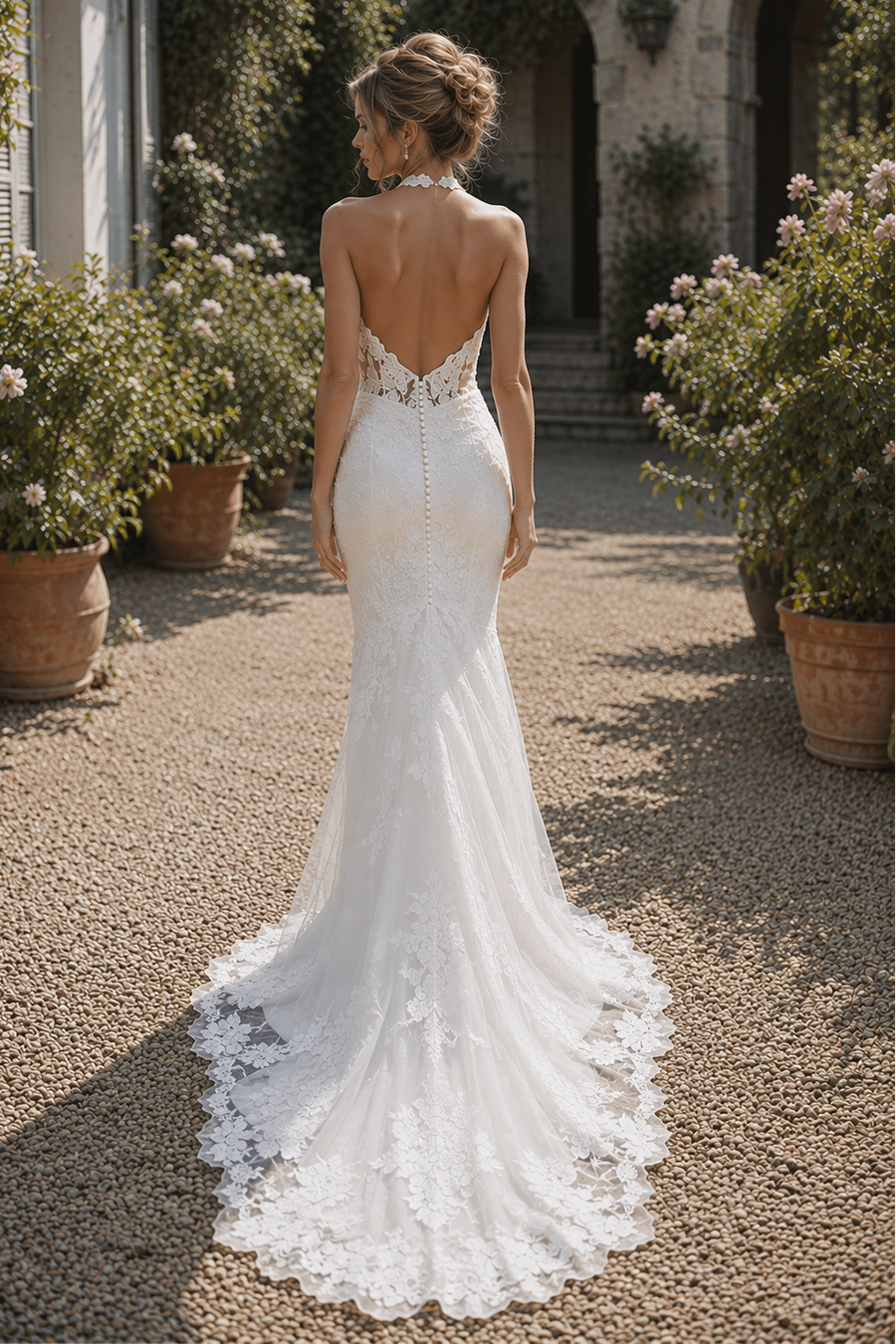 V-Neck Halter Open Back With Lace Train Wedding Dress Ivory / US 16