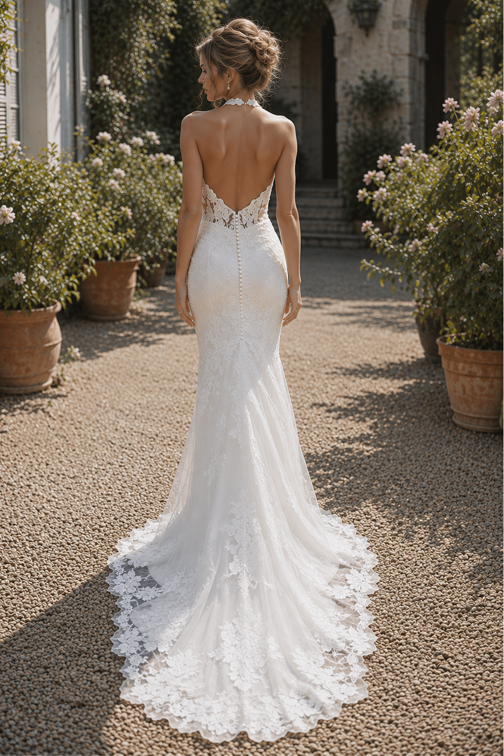 V-Neck Halter Open Back With Lace Train Wedding Dress Ivory / US 16