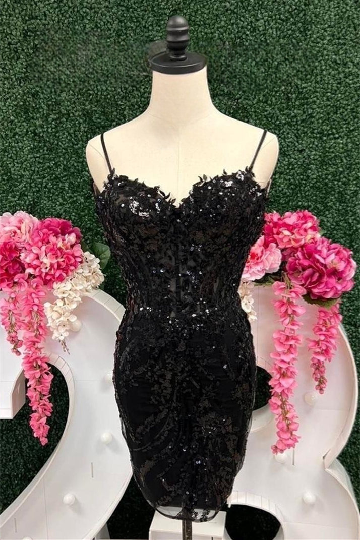 Black Sheath Appliques Sequins Straps Homecoming Dress