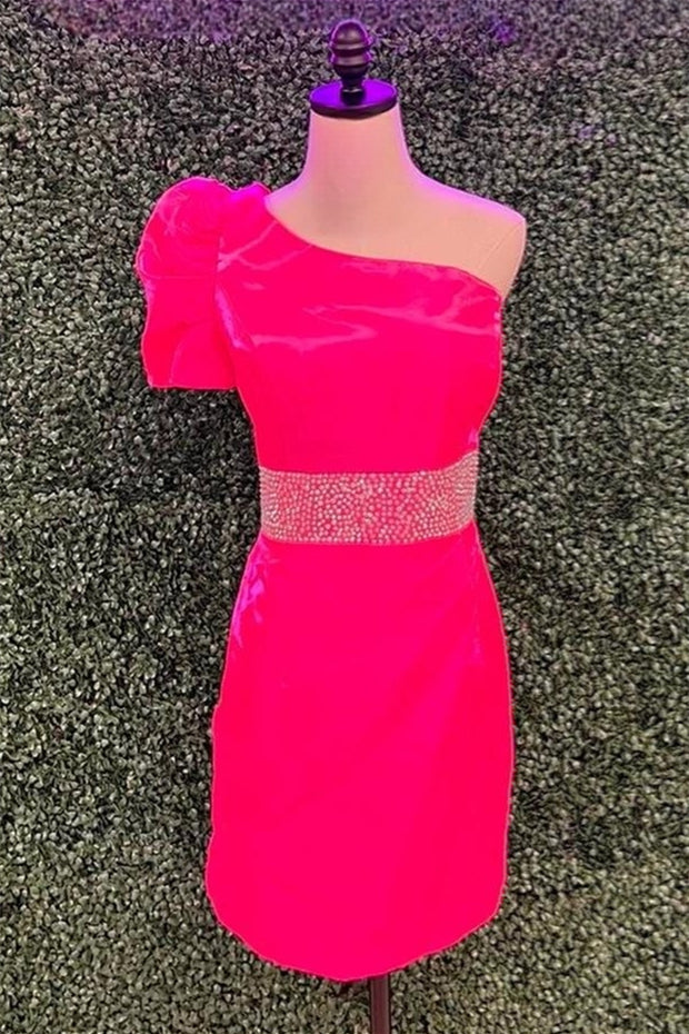 Hot Pink One Shoulder Puff Sleeve Sheath Satin Beaded Homecoming Dress