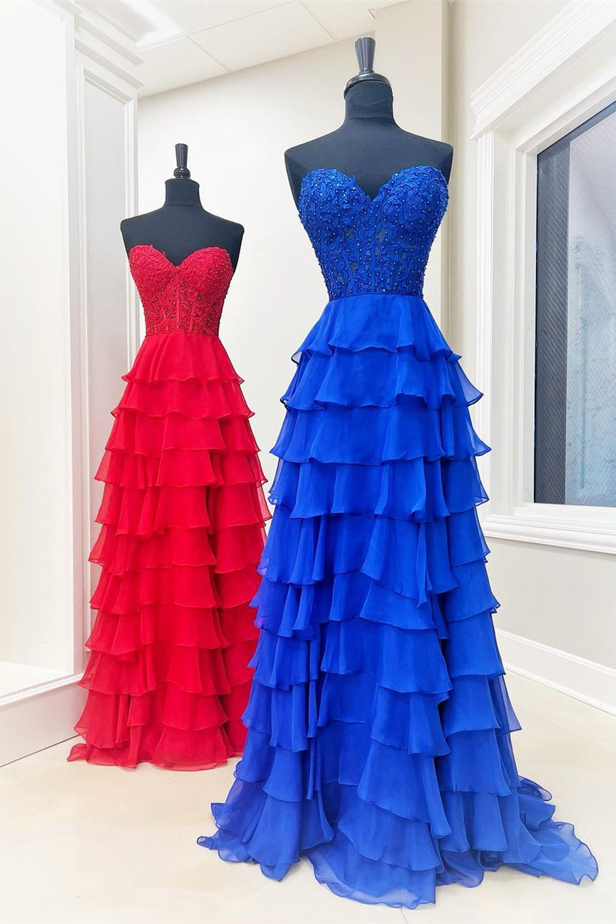 Red & Royal Blue Appliques Strapless A-line Layers Long Prom Dress