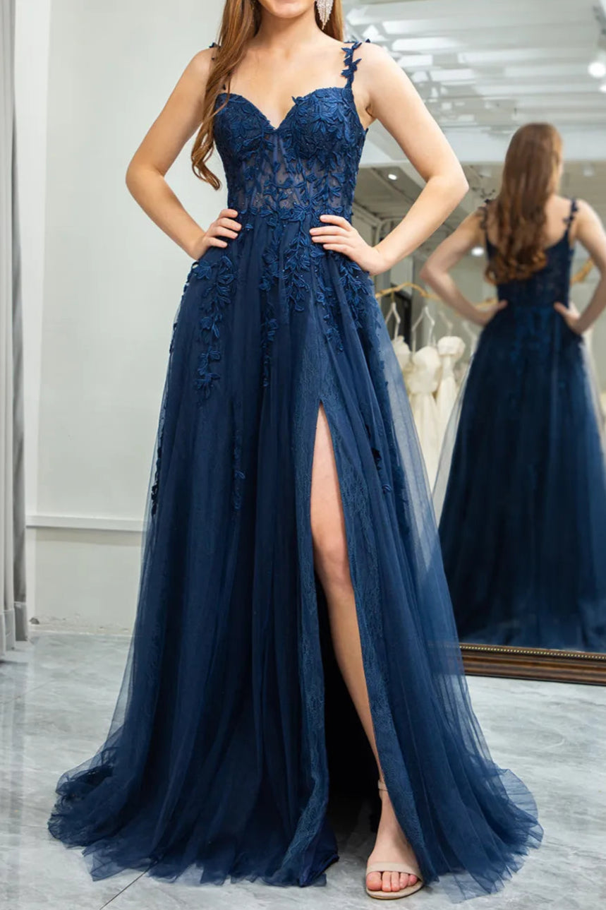 Dark Navy A-line V Neck Tulle Applique Boning Long Prom Dress