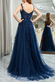 Dark Navy A-line V Neck Tulle Applique Boning Long Prom Dress