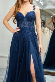 Dark Navy A-line V Neck Tulle Applique Boning Long Prom Dress