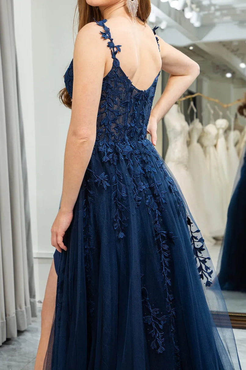 Dark Navy A-line V Neck Tulle Applique Boning Long Prom Dress