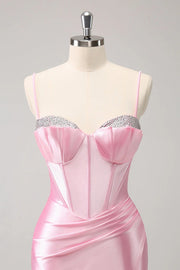 Sparkly Pink Spaghetti Straps Tight Homecoming Dress with Beading