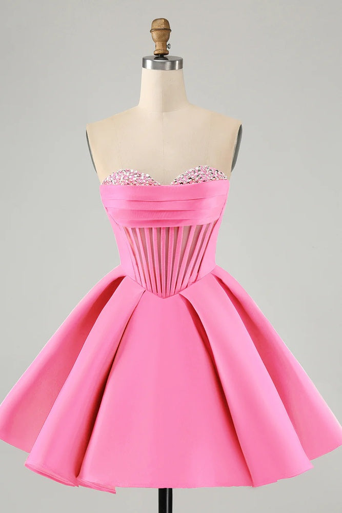 pink corset homecoming dresses Cute Fuchsia A Line Sweetheart Corset Homecoming Dress with Beading