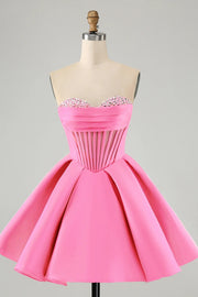 Cute Fuchsia A Line Sweetheart Corset Homecoming Dress with Beading