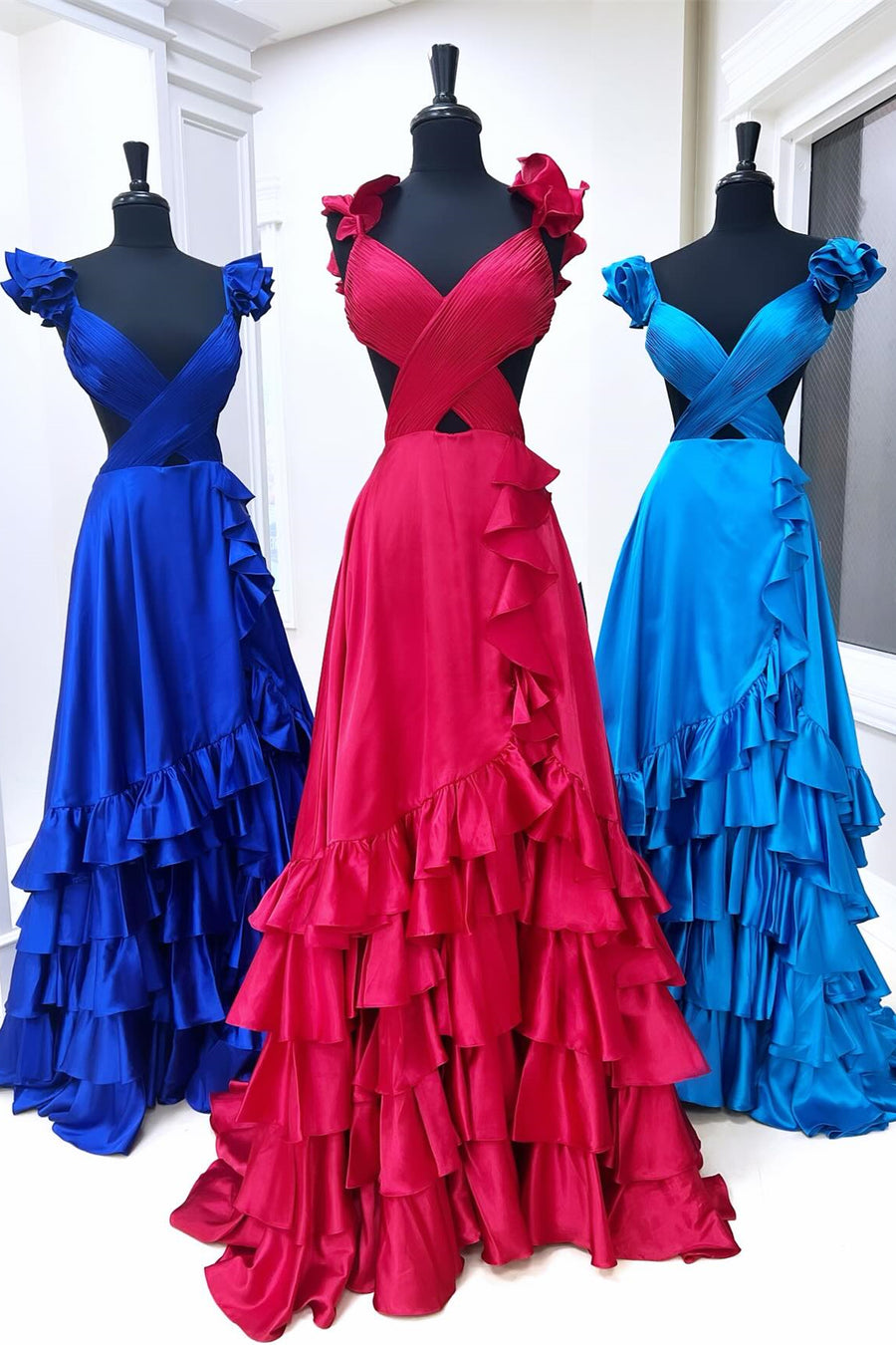 Royal Blue & Fuchsia & Sky Blue Ruffled Layers Long Prom Dress with Slit
