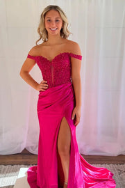 Pink Off-Shoulder Appliques Mermaid Prom Dress